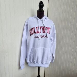 JXT Apparel Hollywood California White Hot Pink Glitter Hooded Sweatshirt Boho L